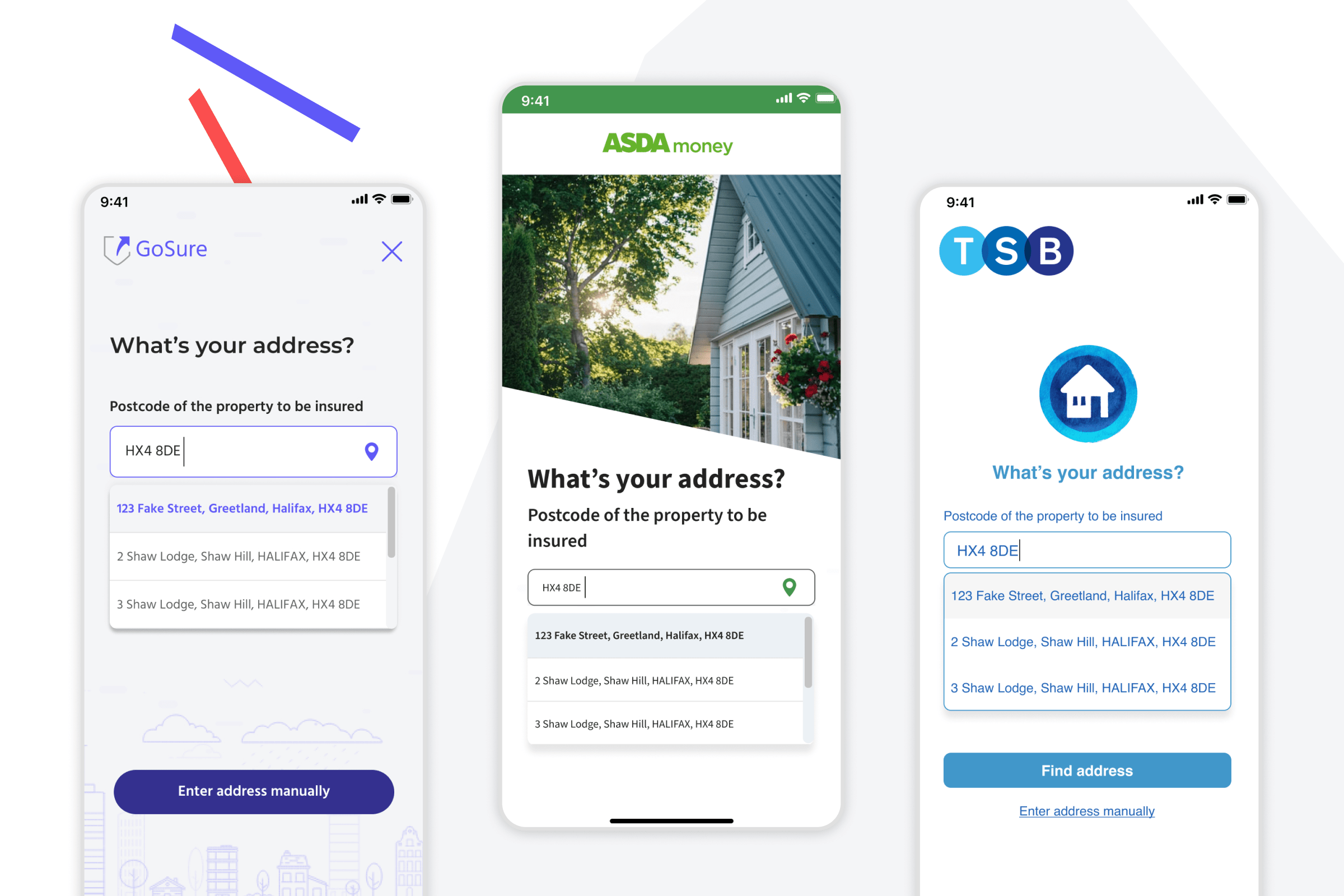 Three mobile UI designs from GoSure, ASDA Money, and TSB, showing address lookup with postcode input and suggested address results.