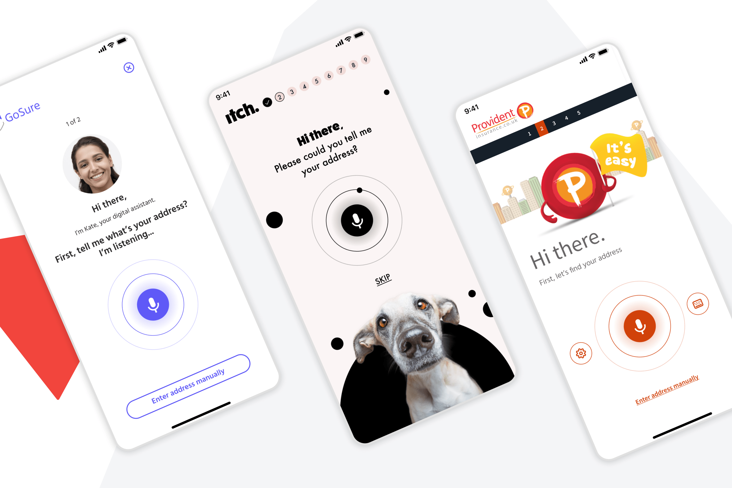 Three mobile UIs showing voice assistant interaction for address entry, featuring brands GoSure, Itch, and Provident with microphone input designs.