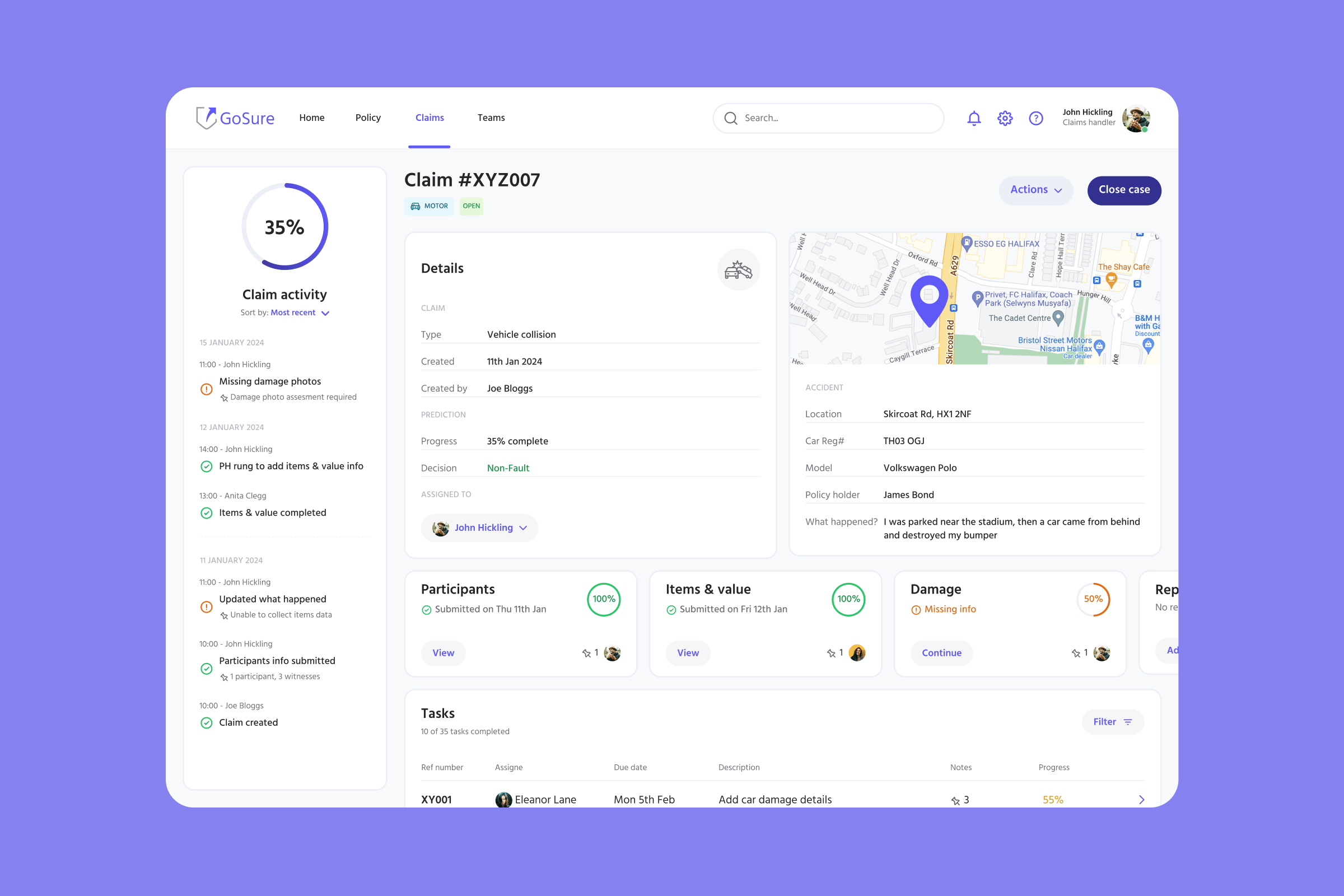 Detailed view of GoSure's case layout showing claim details and progress