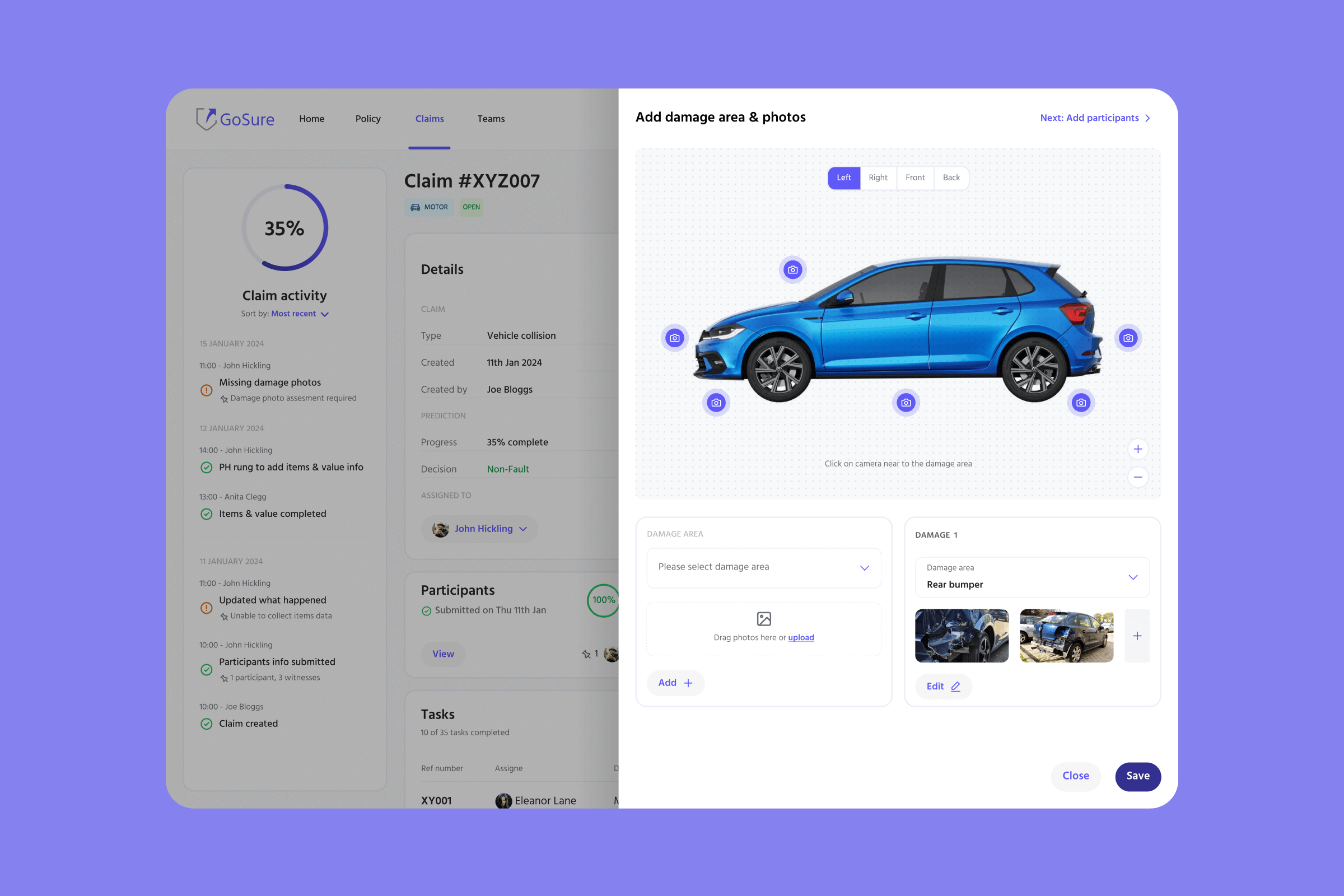 UI for uploading vehicle damage photos with interactive camera hotspot map