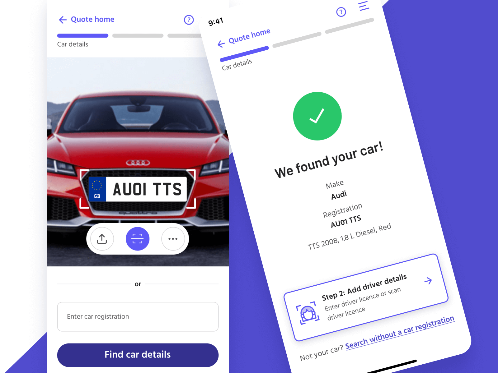 Car details found screen showing vehicle information and coverage options