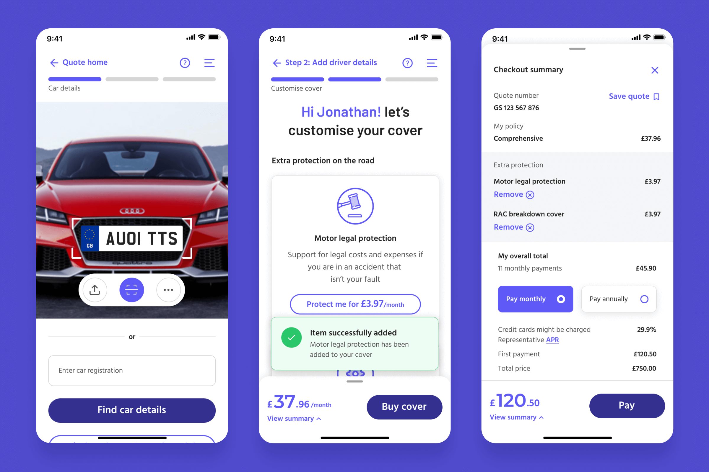 Car insurance quote screen with vehicle registration input and summary