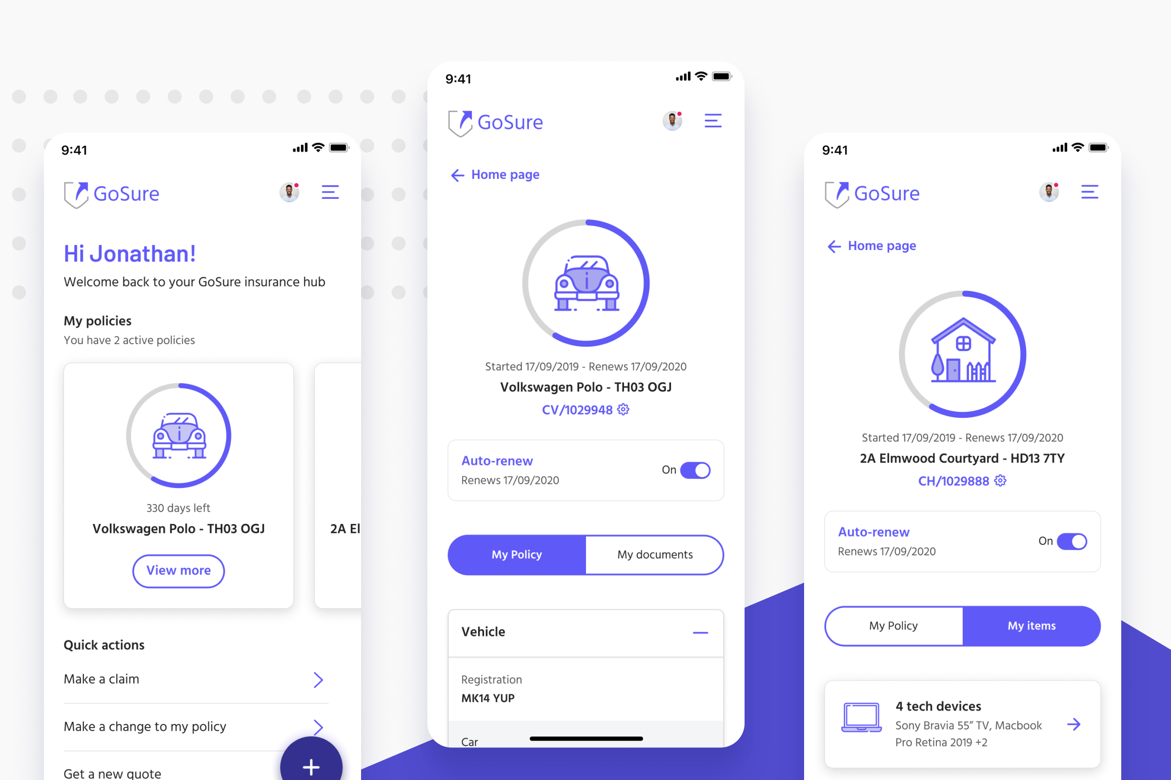 Customer account dashboard showing policy management and quick actions