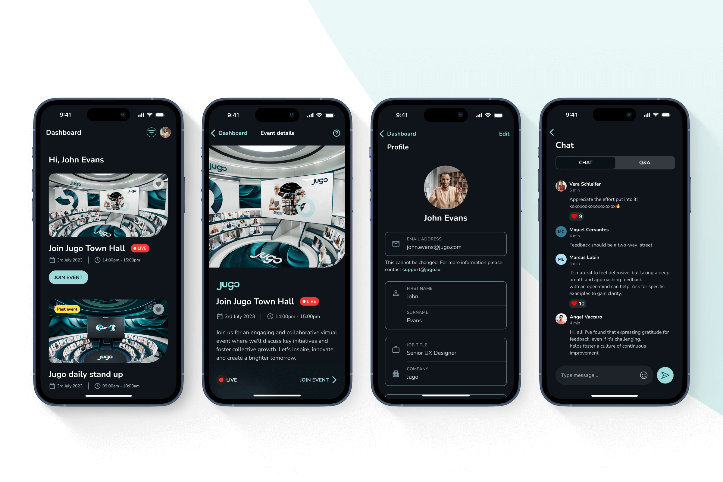 Jugo mobile app dashboard with event schedule, chat, and user profile screens