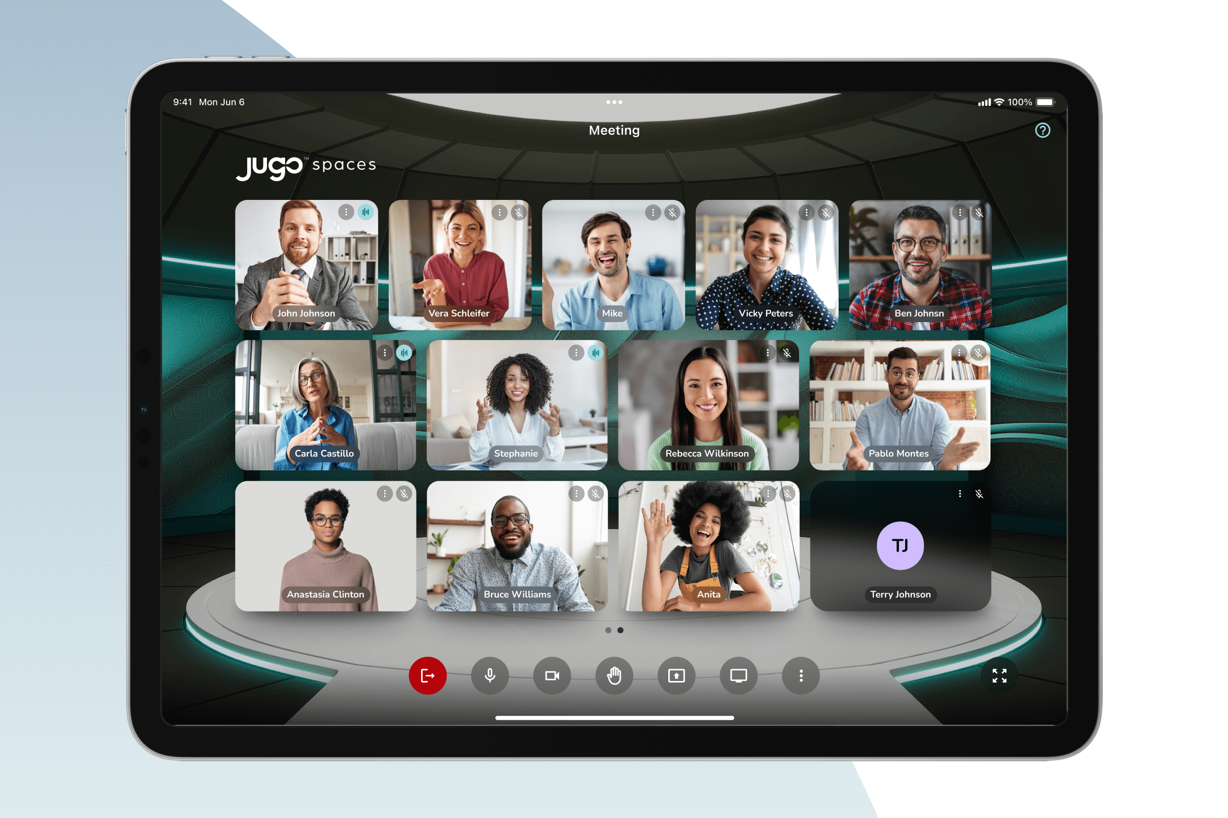 Gallery view of multiple video call participants in the Jugo app on iPad
