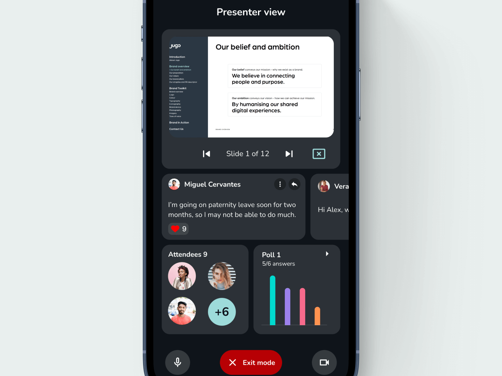 Presenter view with shared slides, attendee list, and live poll in Jugo interface