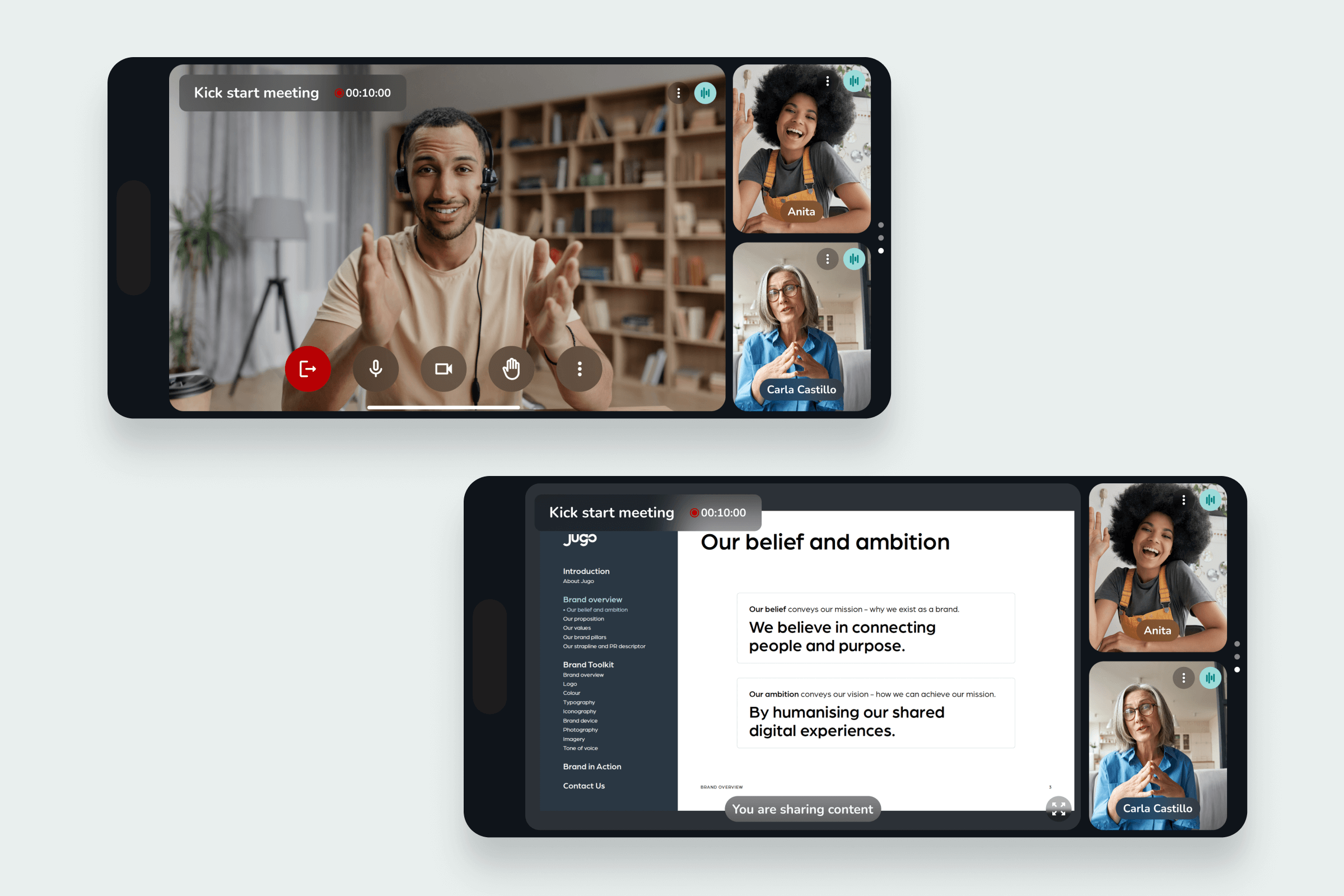 Responsive mobile layout showing Jugo video call in landscape mode with active speakers