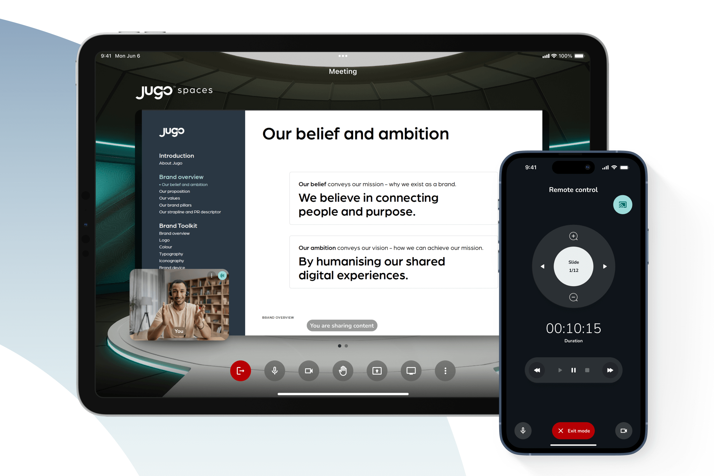 Jugo's split-screen showing shared presentation content with remote control functionality