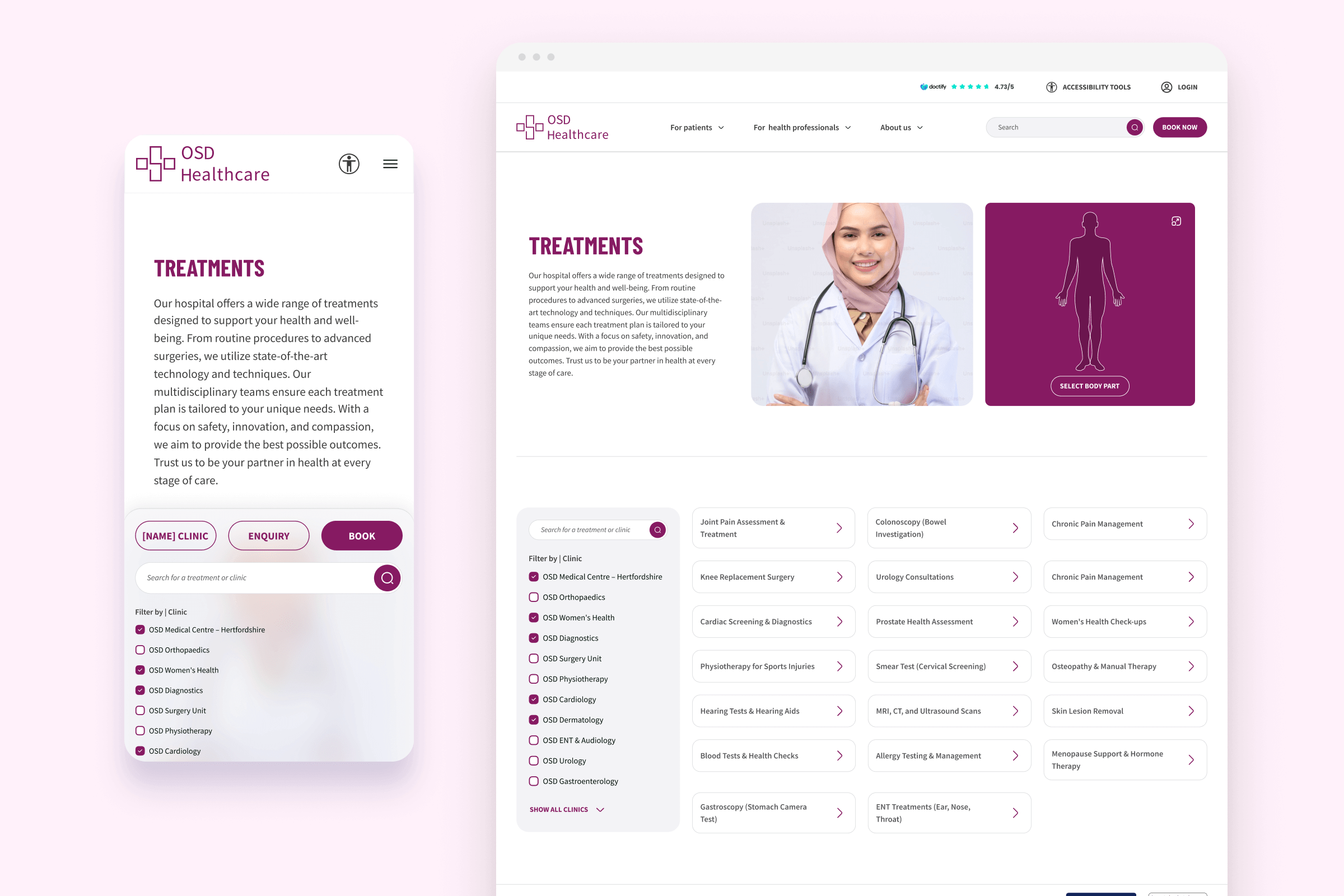 Desktop view of OSD Healthcare treatment directory, showcasing consultants, surgery details, key treatments, and patient information.