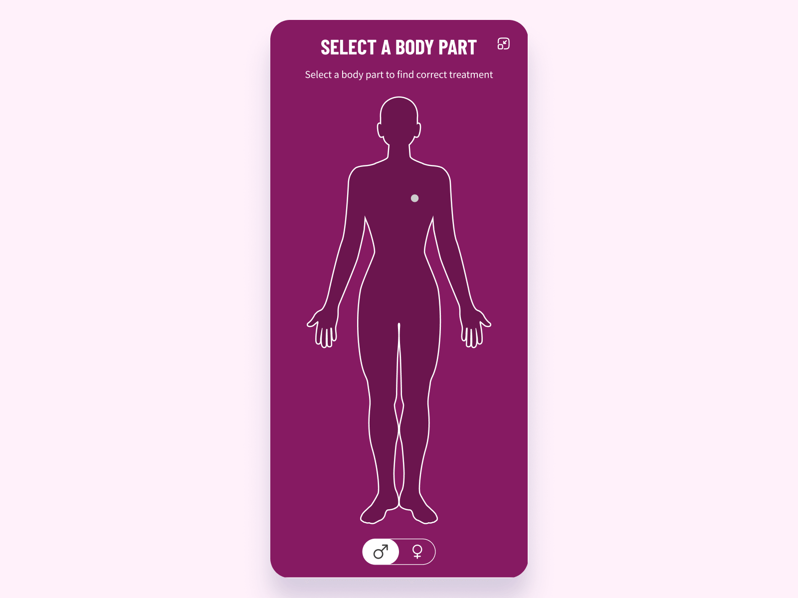 Mobile interface showing a body silhouette with interactive points for selecting body part and gender to find treatment.