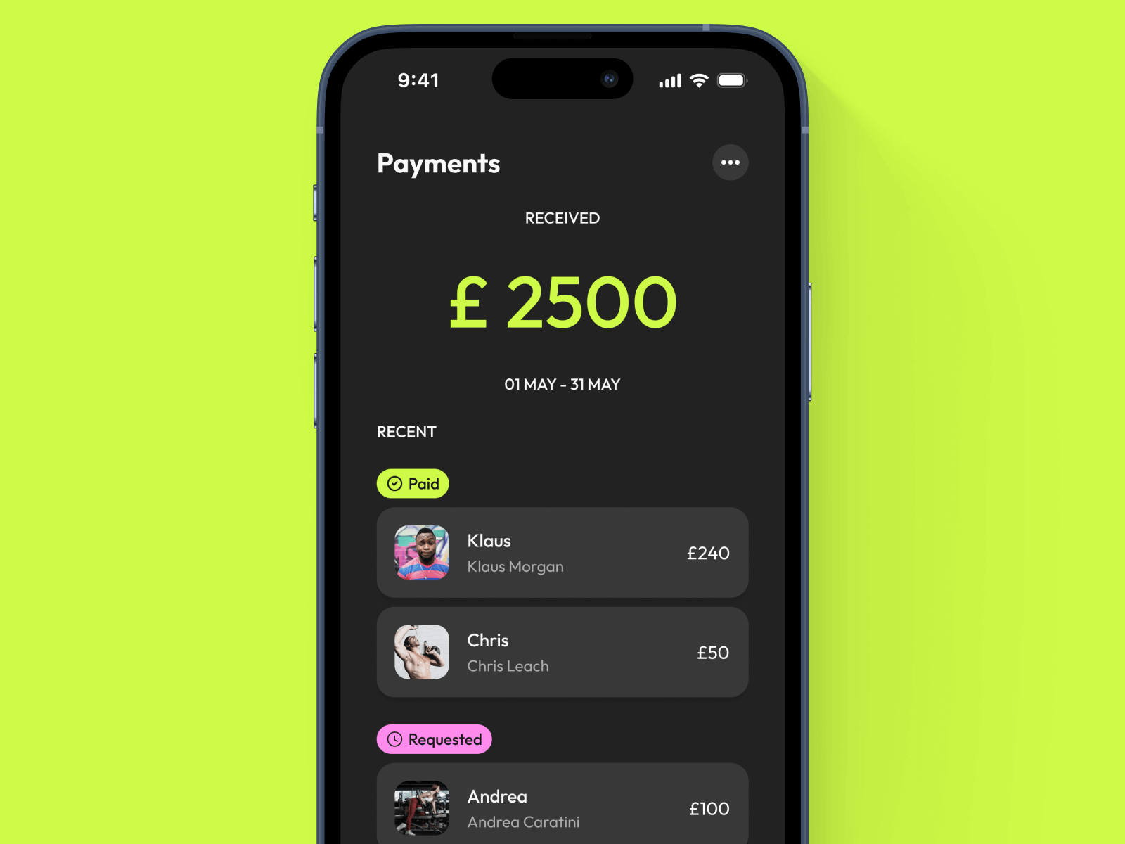 Client list interface showing session counts and profile pictures