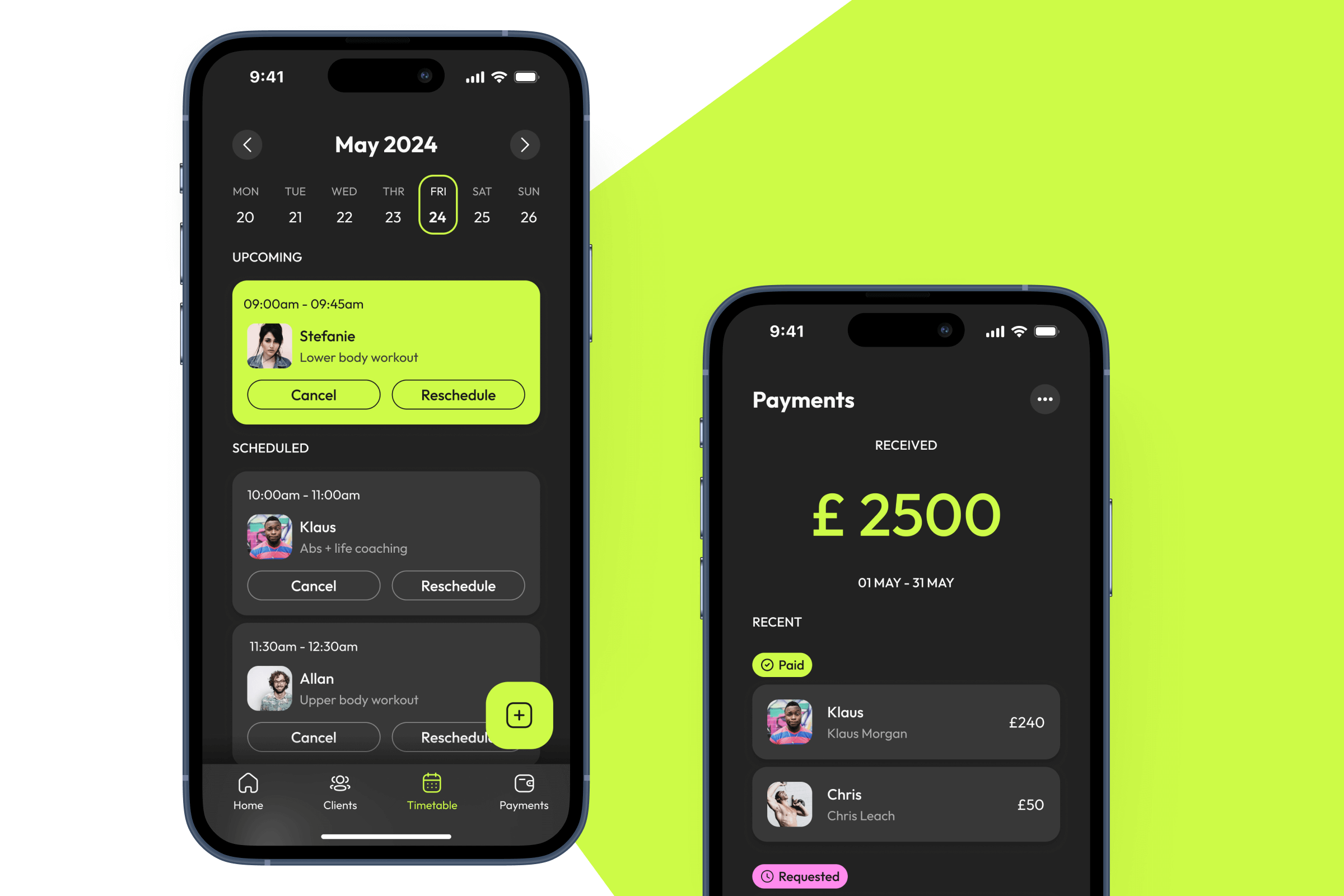 Payment summary and transaction list in personal trainer app